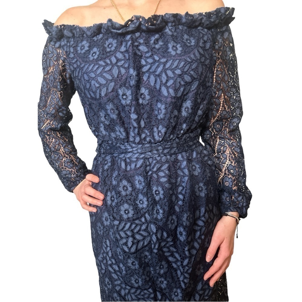 Jaase Navy Blue Lace Dress On or Off Shoulder Puffy Long Sheer Sleeve Hi Low Hem - Picture 7 of 8